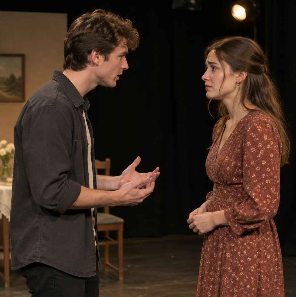 Two students performing a dialogue scene on stage