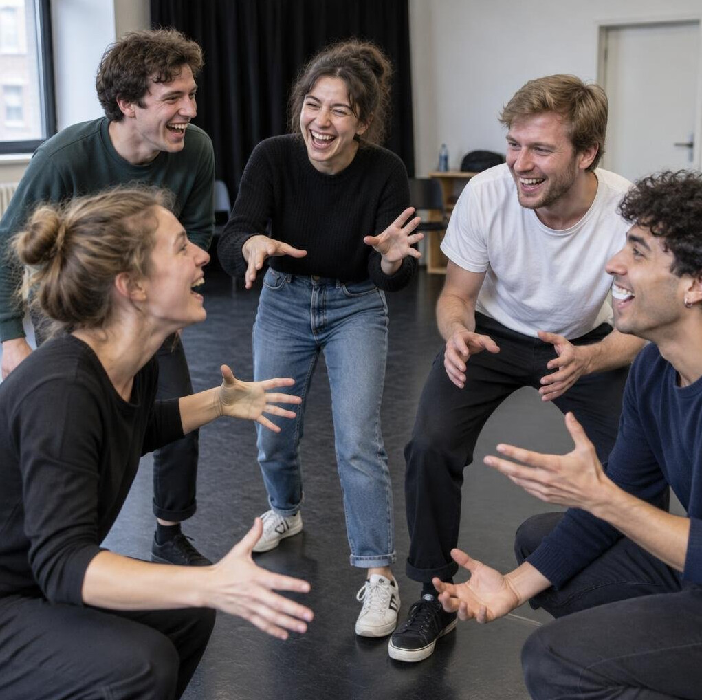 Group of actors laughing during an improvisation theater exercise