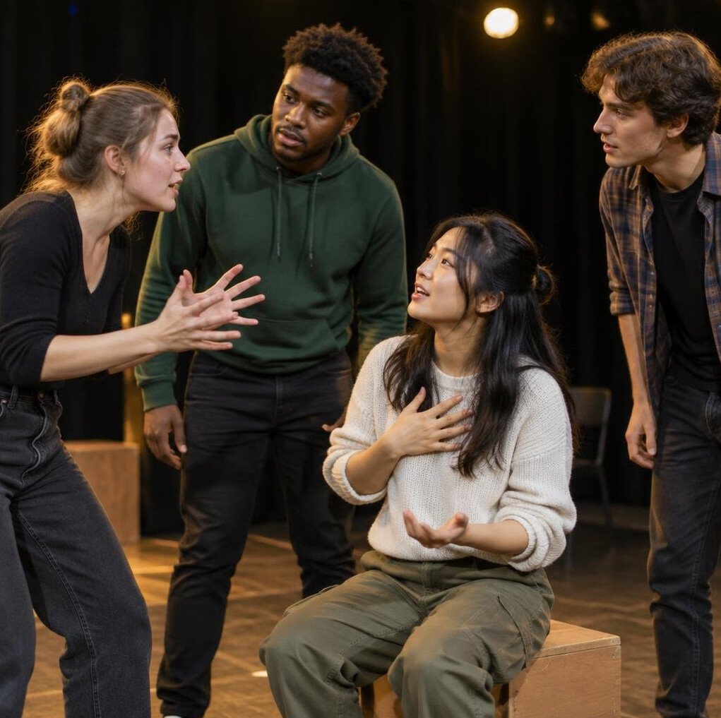 Group of diverse students rehearsing a scene together on stage