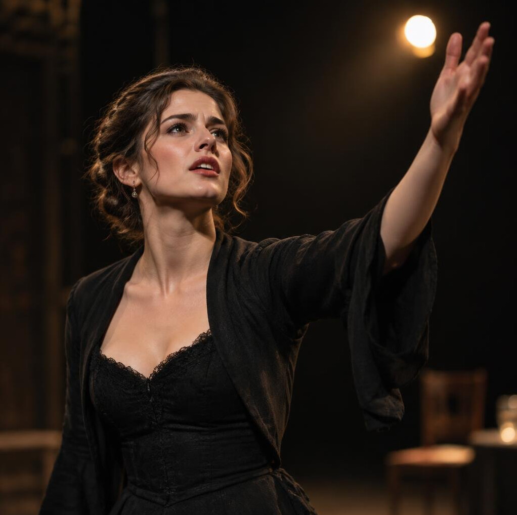 Young actress rehearsing a dramatic monologue on a theater stage