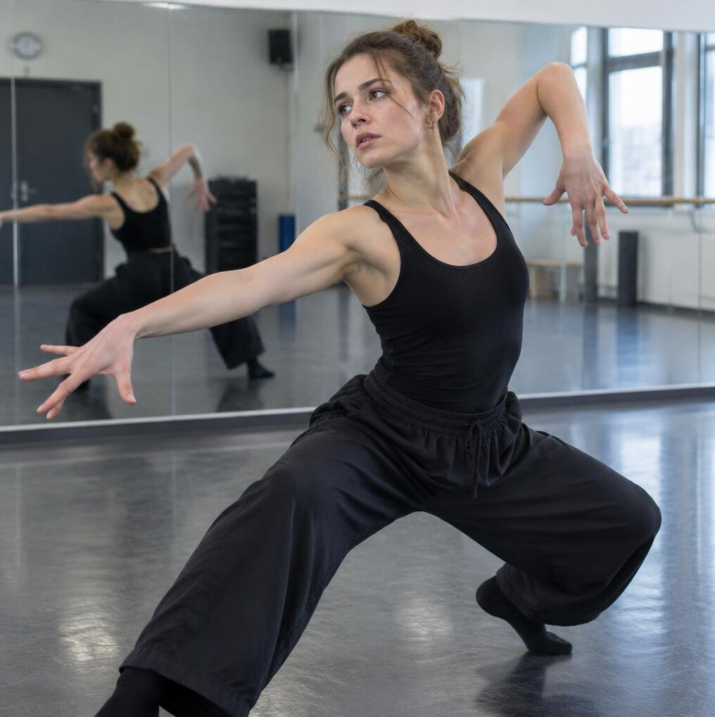 Woman practicing expressive stage movement and posture