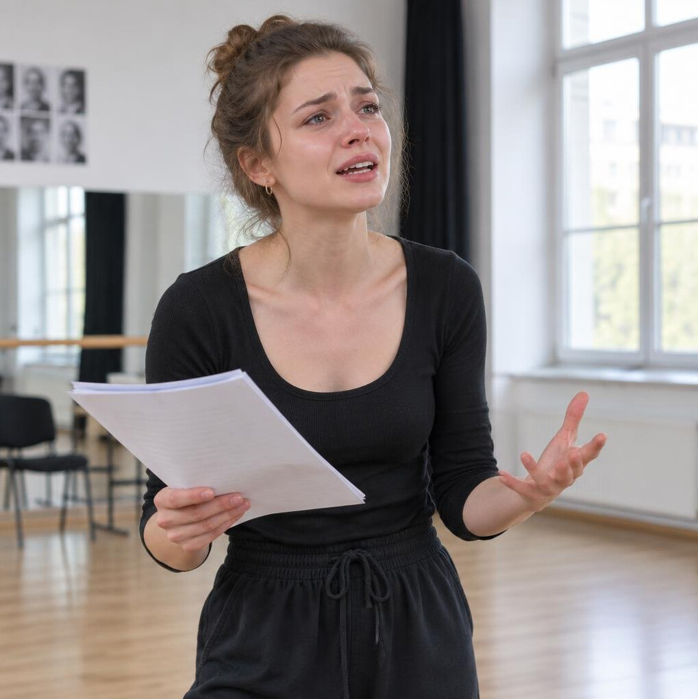 Actress rehearsing an emotional scene with a script in hand
