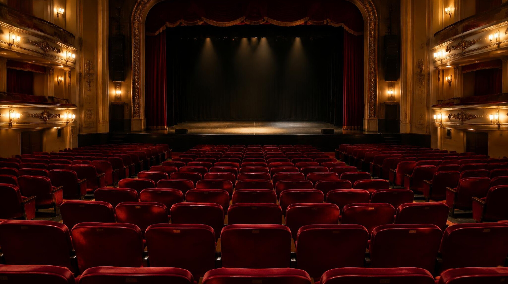 Empty theater auditorium with rows of red seats