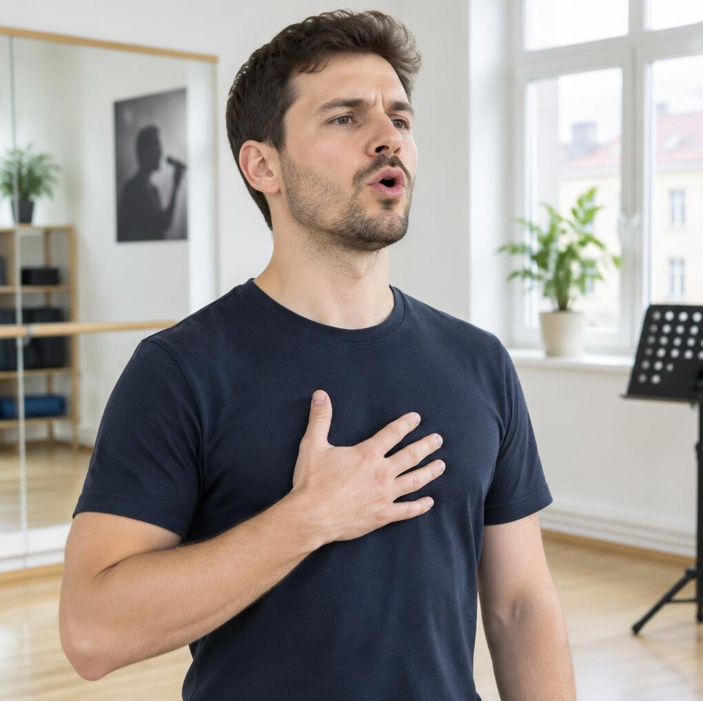 Man practicing vocal projection exercises in a studio