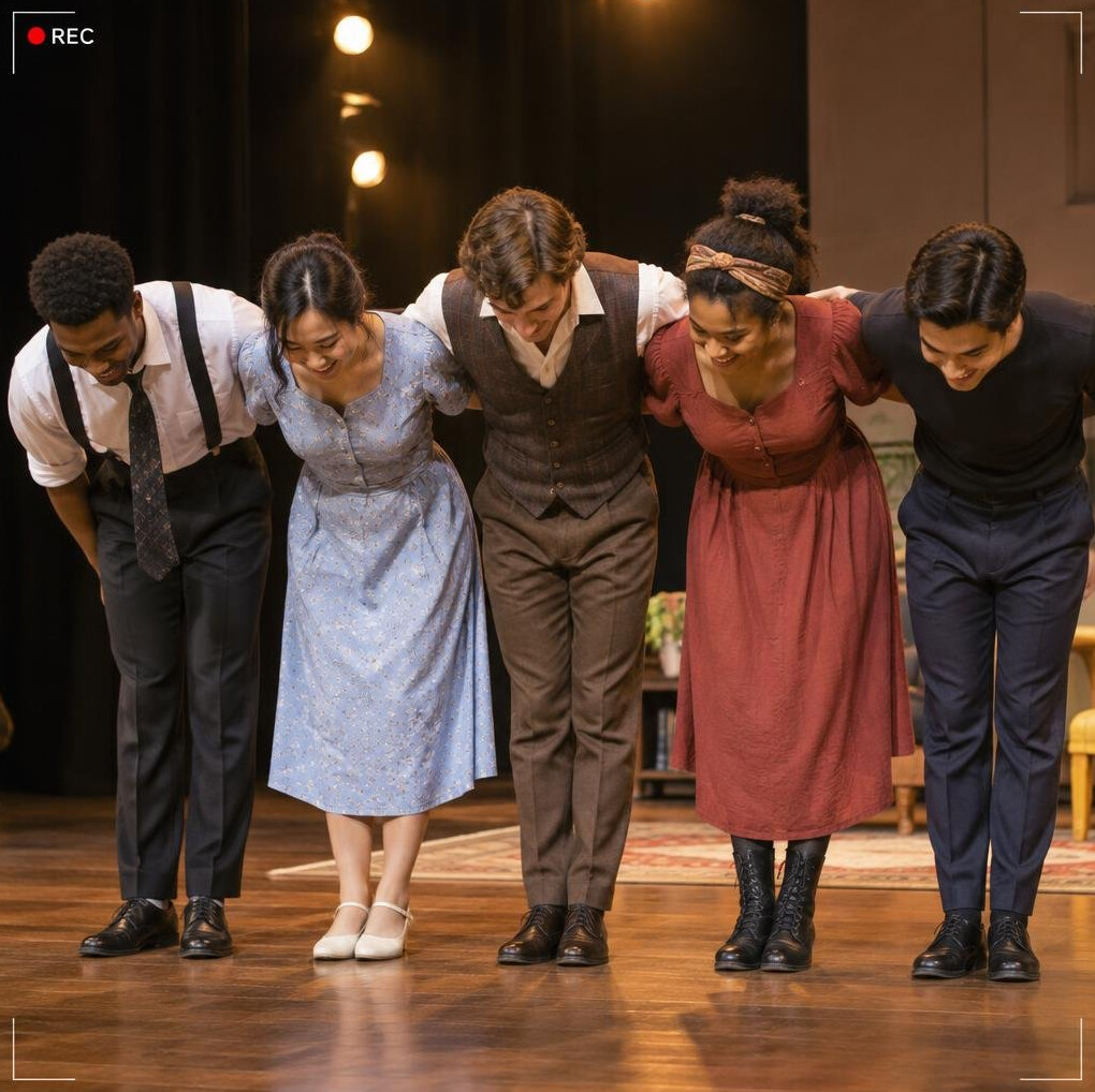 Group of student actors bowing after a performance
