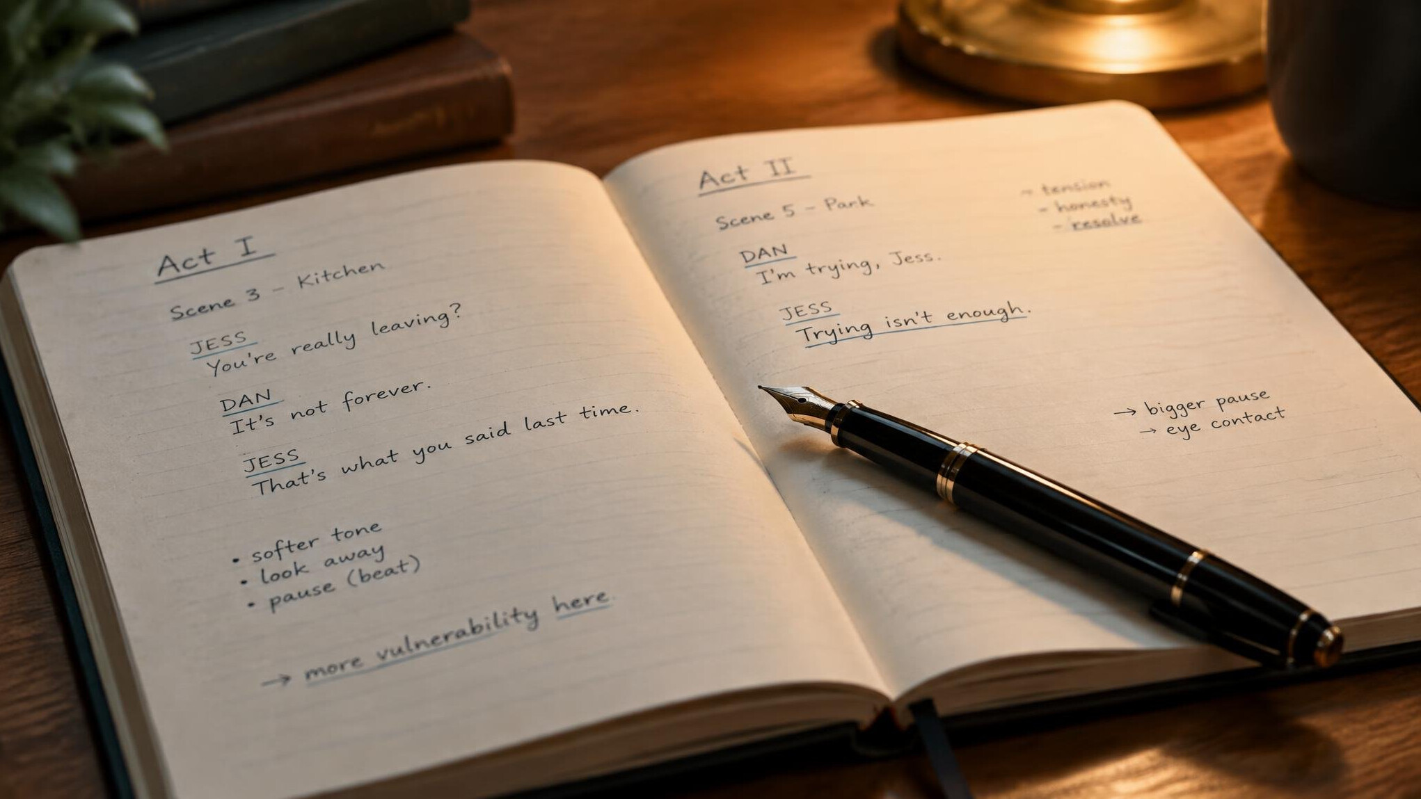 Open notebook with handwritten script notes and a pen