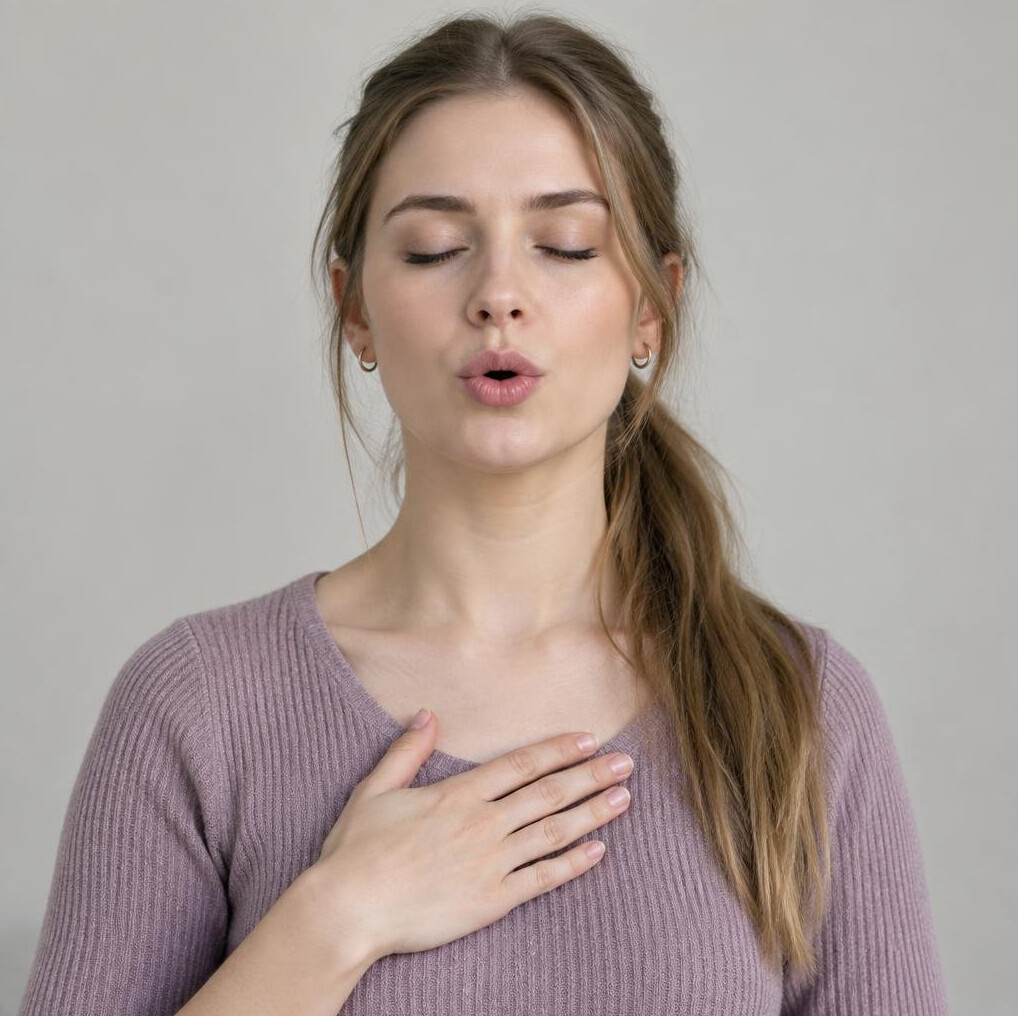 Young woman practicing a vocal breathing exercise with closed eyes