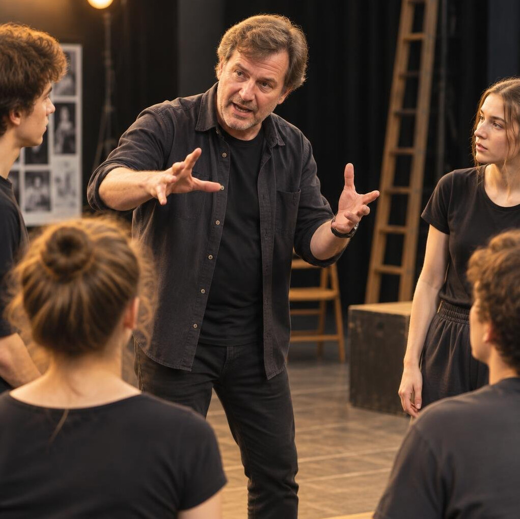 Drama teacher directing students during a rehearsal
