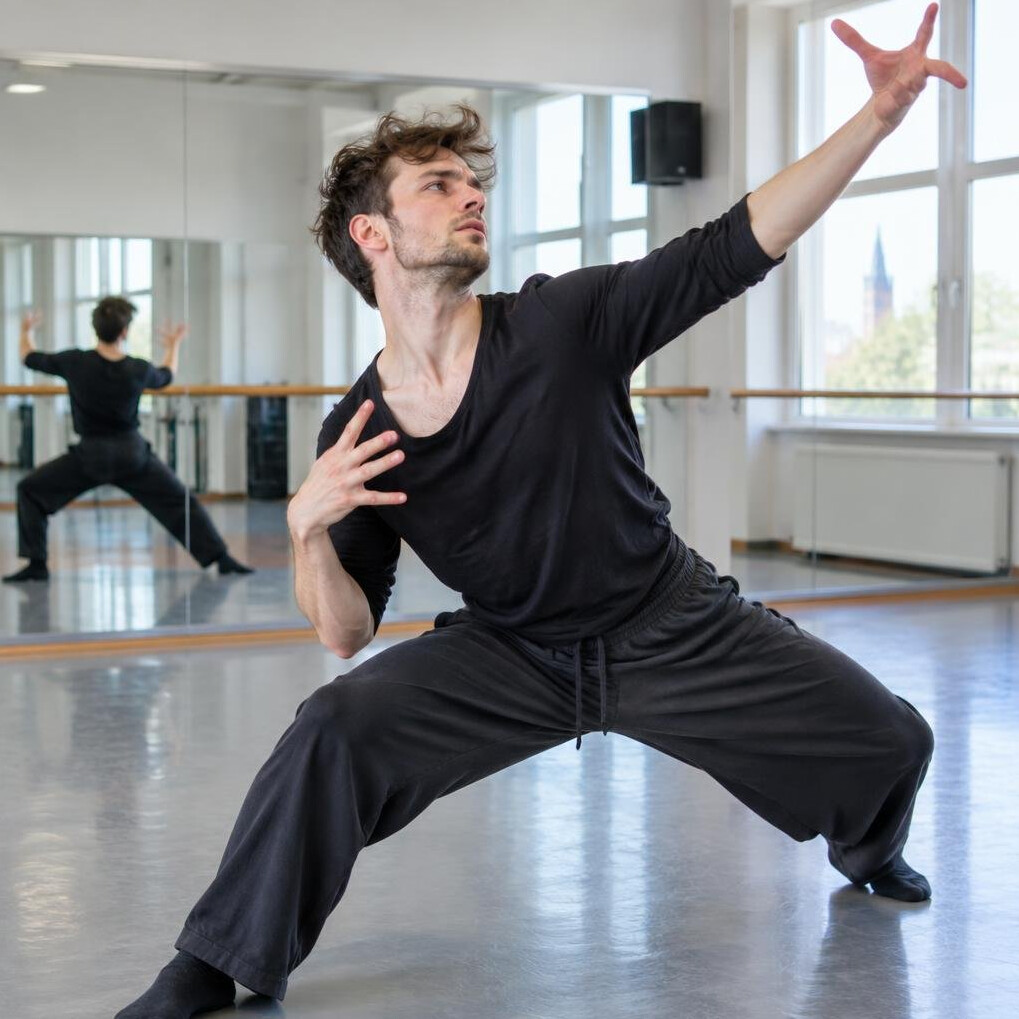 Man practicing expressive body movement and stage posture