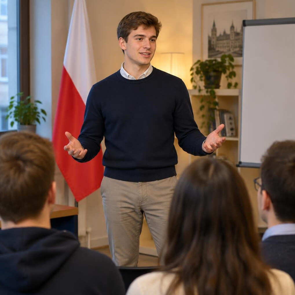 Student presenting a speech in front of a small audience